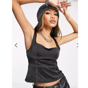 Etiquette Black Satin Fitted Crop top with White Stitching Medium